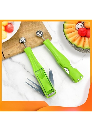 3'ü 1 Arada Karpuz Ayırıcı Posa Kaşığı Meyve Topu Kazıcı Çok İşlevli 304 Paslanmaz Çelik Mutfak Meyve Kesici Dilimleyici Alet Yeşil
