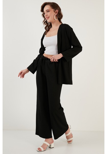 Lela Belden Bağlamalı Rahat Kesim Krinkıl Kuımaş Bayan Pantolon 5862061 Siyah