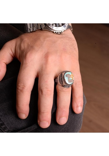 Gerçek Doğal Arizona Turkuaz Taş Yüzük, Erkek Yüzüğü, 925 Ayar Gümüş Yüzük Gümüş