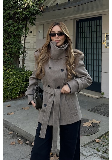 Vizon Ek Parça Yaka Detaylı Kaşe Kaban - 1125 Kum Rengi