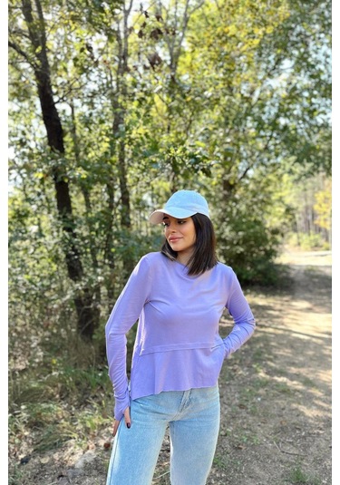 Kadın Lila Elleri Eldiven Detaylı, Asimetrik Kesim, Bisiklet Yaka, Eteği Pliseli, Salaş Spor Bluz LILA