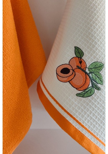 2 Li Mutfak Havlusu %100 Pamuk - Kayısı Nakışlı - 40x60 Cm Turuncu Turuncu