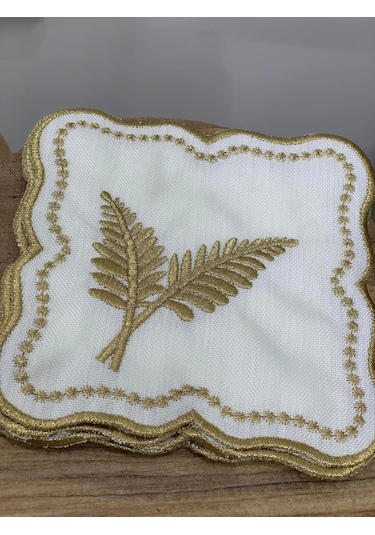 Nivemeshome Yaprak Nakışlı Gold Kare 6 Adet Keten Kokteyl Peçetesi Kahve Yanı Sunumluk Gold