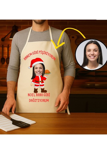Kişiye Özel Karikatür Fotoğraflı Mutfak Önlüğü Noel Baba Gibi Dağıtıyorum Çok Renkli