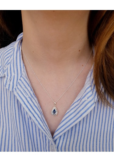 925 Ayar Gümüş Damla Model Nazar Boncuklu Gümüş Kolye