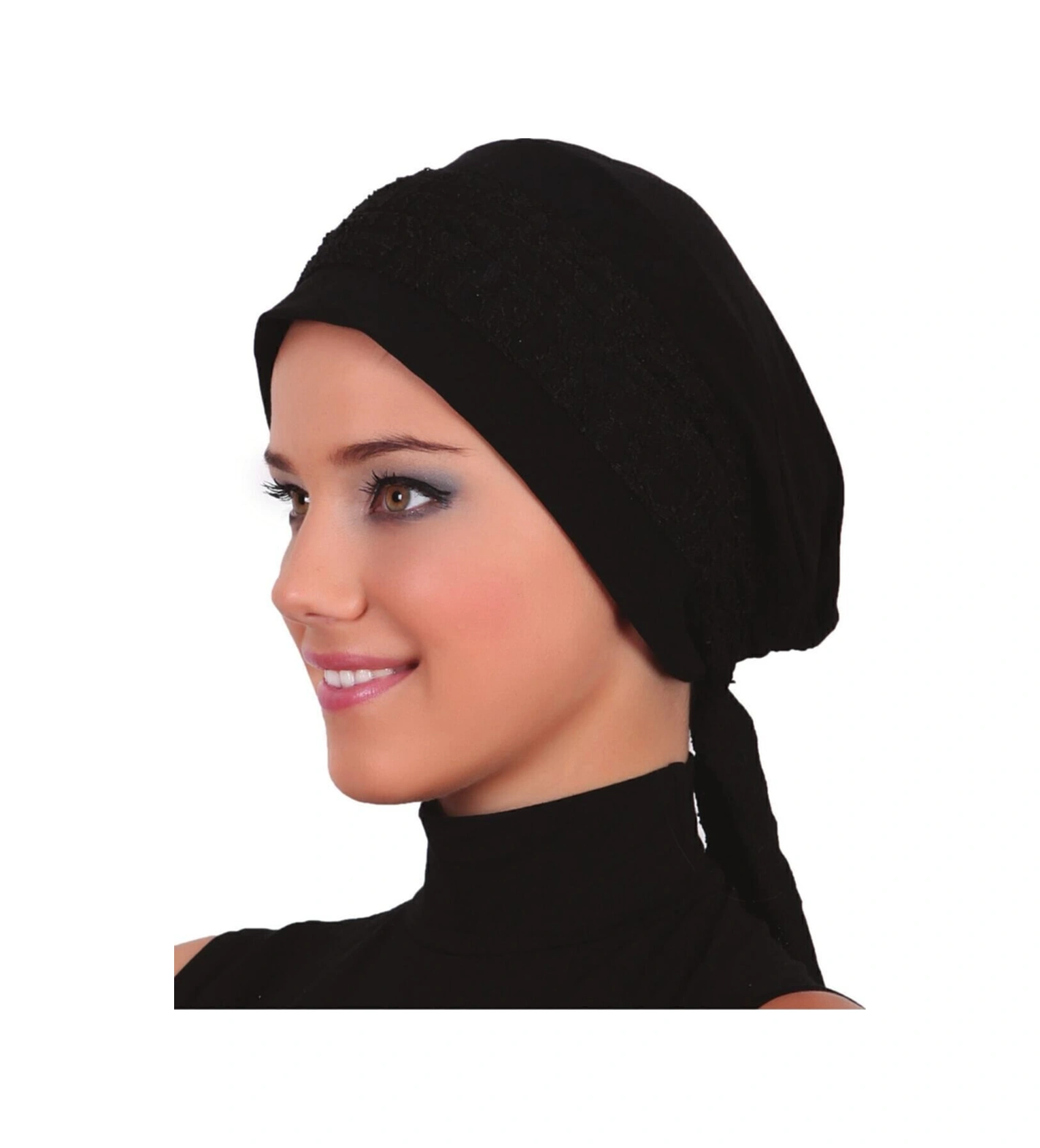 Dantel Bandana Siyah Hazır Türban Tesettür Bone Siyah