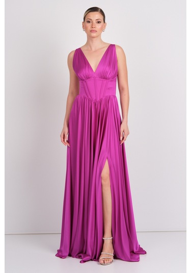 Doridorca Kadın Derin V Yaka Sırttan Bağlamalı Maxi Abiye Elbise 7091 Fuşya Fuşya