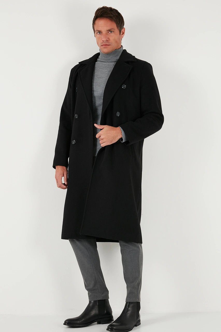 Buratti Loose Fit Kruvaze Yaka Uzun Astarlı Kaşe Erkek Kaban 681003 Siyah