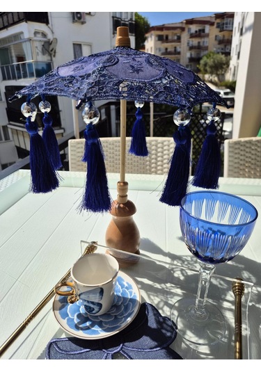 Masaüstü Lacivert Dantelli Dekoratif Sunum Bali Şemsiyesi