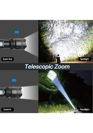 Soulader Güçlü Ve Şık 100000 Lümen Usb Şarjlı Led El Feneri - Dayanıklı Ve Parlak Aydınlatma Siyah