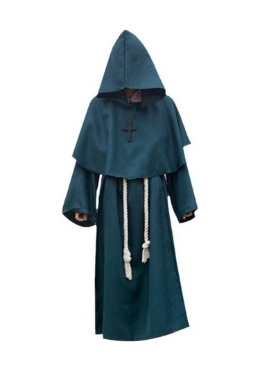 Pazly Cadılar Bayramı Rahip Kostümü Kapşonlu Koyu Yeşil Çapraz Kolyeli