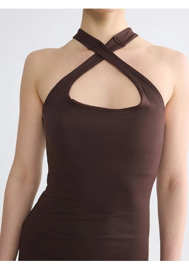 LC Waikiki Kahverengi Halter Yaka Bodycon Elbise