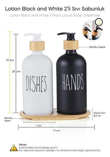 Dekorasyaa 2li Siyah Beyaz Cam Sıvı Sabunluk 500ml - Bambu Stantlı Siyah - Beyaz