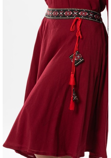 Talya Şile Bezi Püskül Detay Nakışlı Midi Boy Yazlık Etek Bordo Brd-bordo Bordo