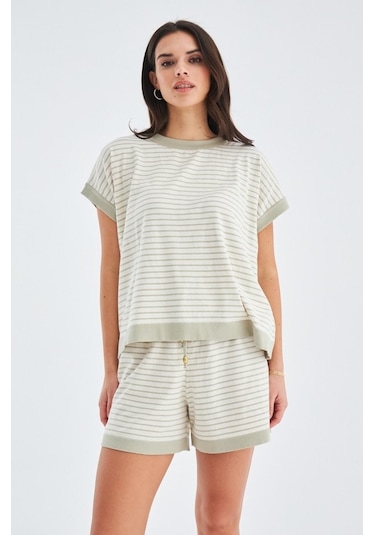 Peraluna Vera Blouse & Shorts Pamuklu Yazlık Kadın Triko Şort Tak Ekru