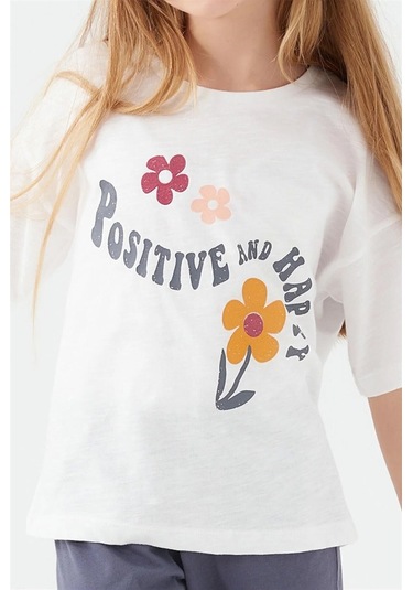 Kız Çocuk Kısa Kollu Çiçekli Pijama Takım-12636 Beyaz