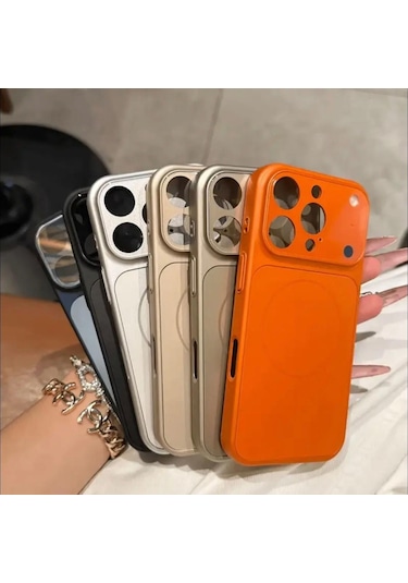 Apple İphone 14 Pro Uyumlu Magsafe Kılıf 17 Pro Max Kamera Görünümlü Lens Korumalı Kapak Turuncu
