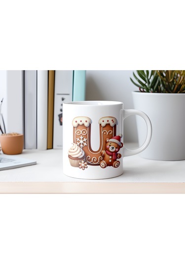 U Kurabiye Harf Ve Ayıcık Detaylı Kupa Bardak - Yeni Yıl / Yılbaşı Temalı Tasarım - Noel Hediye Beyaz