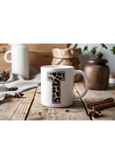 T Baş Harf Leopar Desenli Kupa Bardak - Kişiye Özel Feminen Konsept Hediye - Vahşi Hayvan Desenli Beyaz