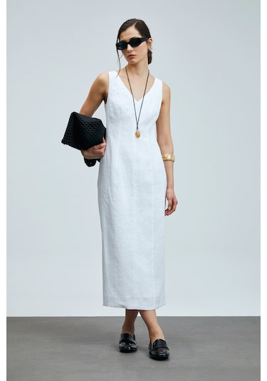 Lufian Honey Kadın Kolsuz Keten Elbise Beyaz Beyaz 121290016100500 Beyaz