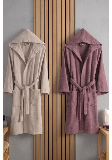 Güvenal Verona Pamuk 2'li Çizgili Kapüşonlu Bornoz Seti Bornoz Çeyiz Seti Bornoz Takımı 3 Çok Renkli