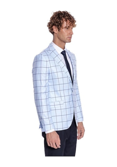 Kare Desenli Slim Fit Açık Mavi Erkek Ceket 001