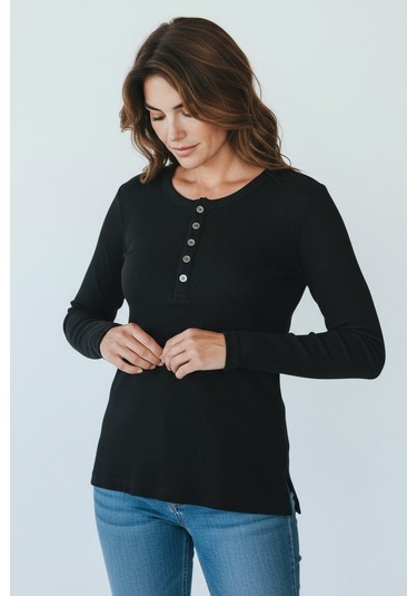 Kadın Yaka Düme Detaylı Mevsimlik Bluz Siyah