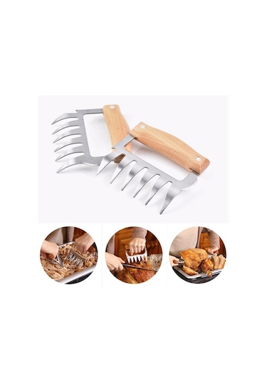 Cbtx Ayı Pençesi Şekilli Paslanmaz Çelik Barbekü Çatalı Tavuk Rendelenmiş Ahşap Saplı Kaymaz Yaratıcı Mutfak Çatal Pençe Et Pençe Ayırıcı Gümüş