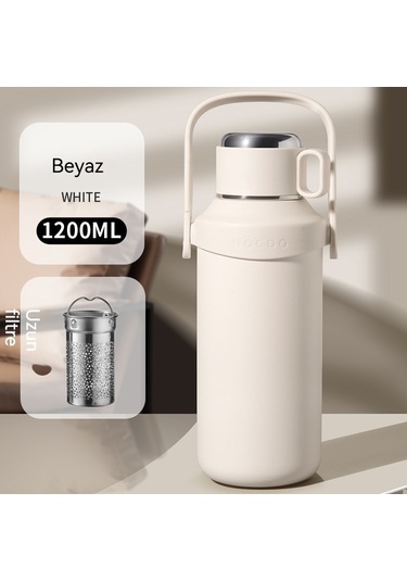 Relaxed Taşınabilir 316 Açık Hava Sporları Büyük Kapasiteli Termos Bardak, Yüksek Görünümlü Vakumlu Soğuk Tutma Kolu Su Isıtıcısı-Beyaz 1.2 L