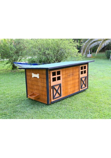 MANDU Ahşap İkiz Köpek Kulübesi (2 yuva tek kulübe) + İsimlik ve