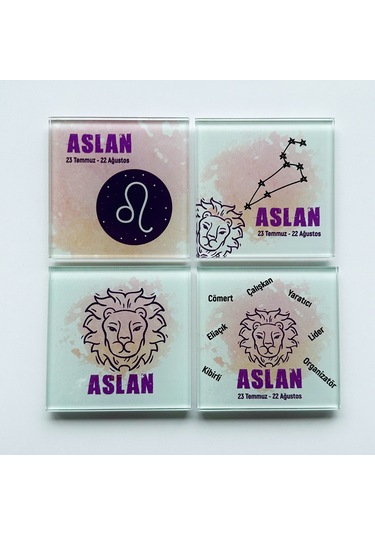 Decorita Cam Bardak Altlığı Burçlar - Aslan Burcu 4'lü Takım Çok Renkli