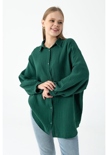 Giysa Kadın Uzun Kollu %100 Pamuklu Oversize Gömlek Yeşil - 26k 2012 Yeşil