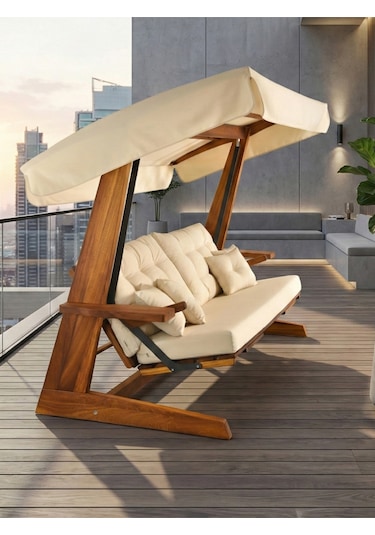 Luna Deluxe 2600 Iroko Beş Kişilik Ahşap Bahçe Salıncağı Krem