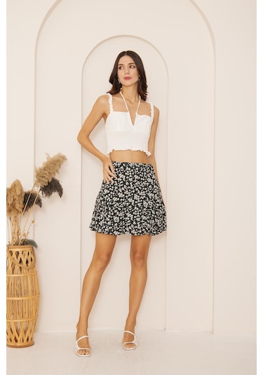 Darlin Moda Siyah Çiçek Desenli Mini Şort Etek Dm2024 Siyah