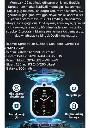 Wonlex KT29 4G Android Sim Kartlı Çocuk Takip Saati (Distribütör Garantili)