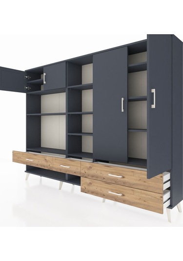 Arges Dolap 12 Raflı 4 Çekmeceli 4 Kapaklı 220x30x163 Antrasit-an Antrasit-antrasit/çam