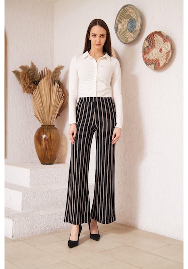 Darlin Moda Siyah Çizgili Krep Pantolon DM48325 Siyah