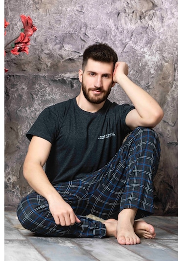 Lukitus Sıfır Yaka Desenli Kısa Kol Erkek Pijama Takımı Füme