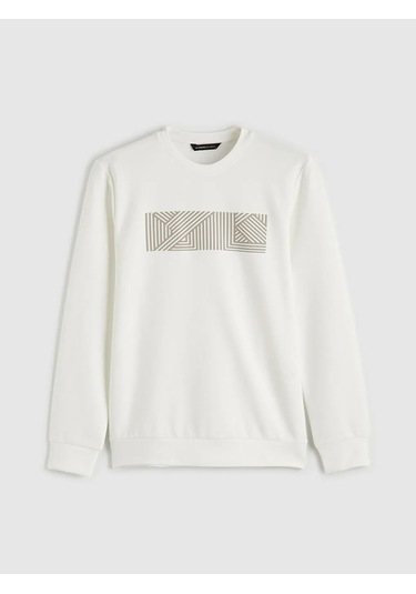 Lc Waikiki Beyaz Bisiklet Yaka Baskılı Erkek Sweatshirt