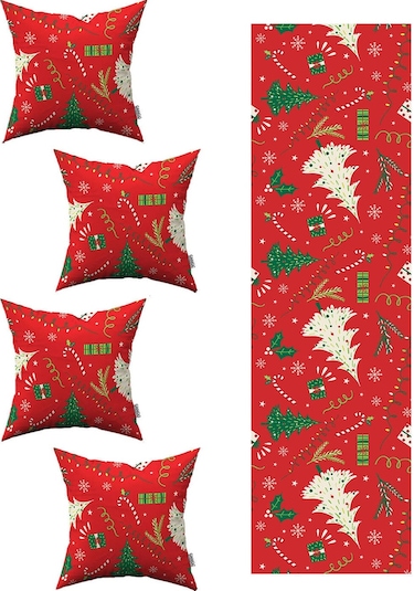 Kırmızı Yılbaşı Temalı 4'lü Kırlent Kılıfı 1 Runner Seti 4kmbs220-rs