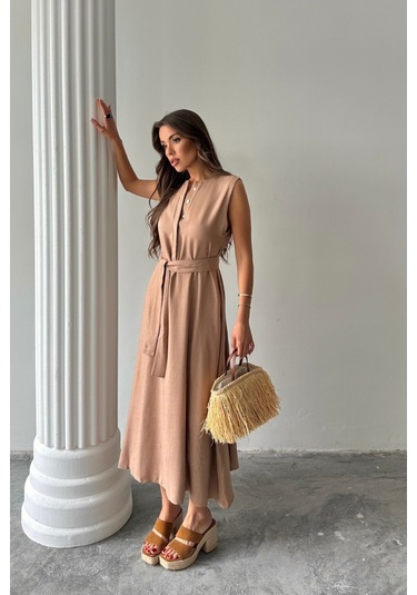 Keten Elbise Kolsuz Bel Bağlamalı Maxi Elbise - Kahverengi Çok renkli