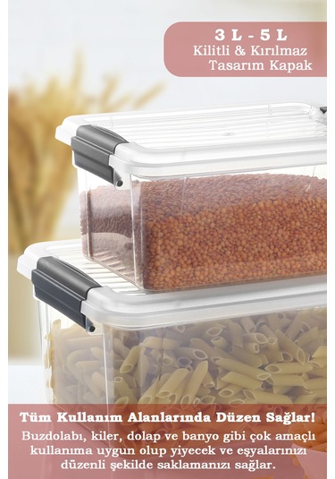 2'li Set Kilit Kapaklı Un Bakliyat Erzak Kabı - Çok Amaçlı Düzenleyici Deterjan Saklama Kutusu 3l-5l Şeffaf