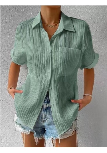 Kadın Cep Gömleği Düz Renk Günlük Yaka Gömleği Dikey Çizgili Üst Yeşil