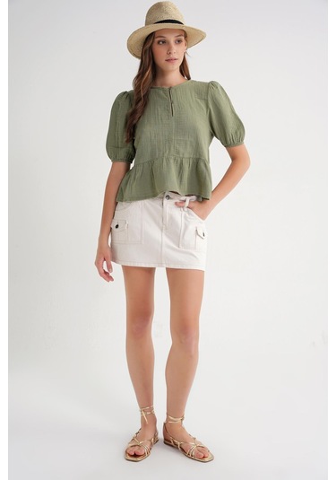 4713 Kadın Beli Büzgülü Kolu Lastikli Bol Müslin Bluz Çağla Çağla