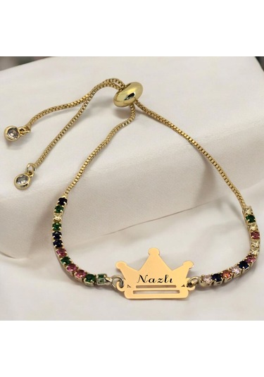 Nazlı İsmine Özel 14 Ayar Altın Plakalı Renkli Taş Desenli Taç Motifli Hediye Bileklik-489isim Nazlı