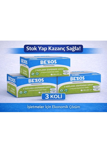 Bezos Professional Z Katlamalı Dispenser Havlu 2 Katlı %100 Selüloz 20x22 Cm 3 Koli 36 Paket