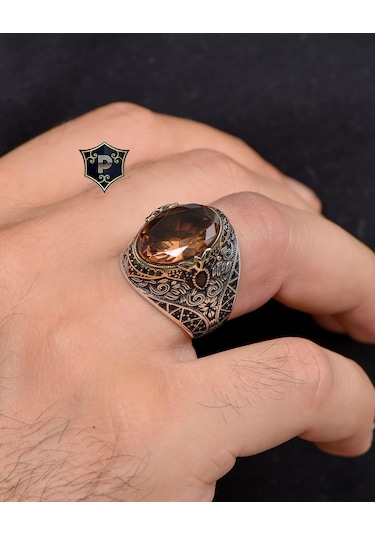 Prestij Gümüş  Zultanit Taşlı Zirkon Taş Süslemeli 925 Ayar Gümüş Erkek Yüzüğü