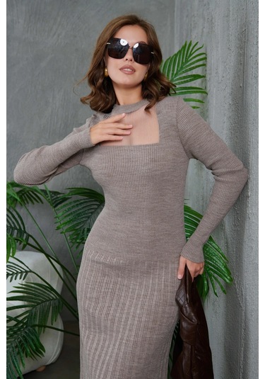 Kadın Bisiklet Yaka Tül Detay Maksi Boy Fitilli Triko Elbise Vizon