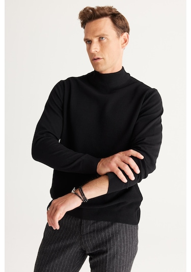 Altinyildiz Classics Erkek Siyah Standart Fit Normal Kesim Yarım Balıkçı Yaka Pamuklu Triko 4A4921100008SYHS Siyah