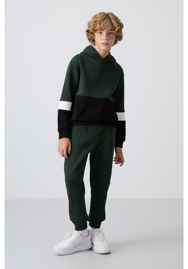 Tommy Life Çam Yeşil Pamuklu Kalın İçi Tüylü Yumuşak Dokulu Standart Fit Nakışlı Erkek Çocuk Eşofman Takım - 1 Yeşil